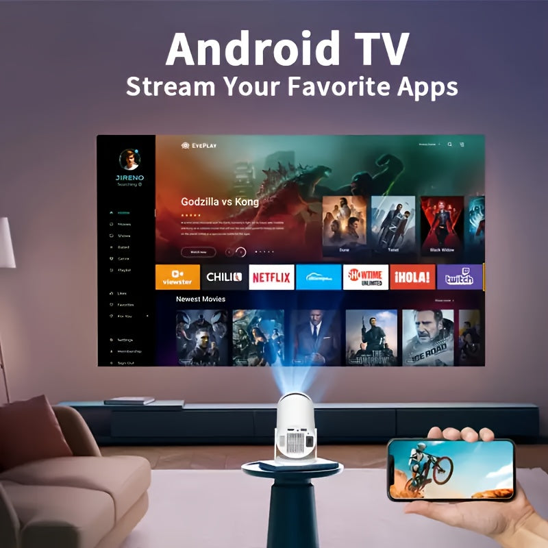 Projecteur LED Portable Android 11 – 720p natif, WiFi 6, BT 5.0, angle 180°, haut‑parleurs intégrés