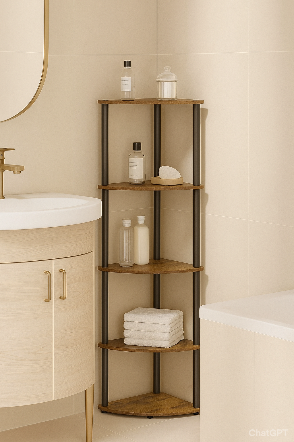 Étagère d'angle à 5 niveaux en marron rustique – Rangement mural sans outils pour salle de bain