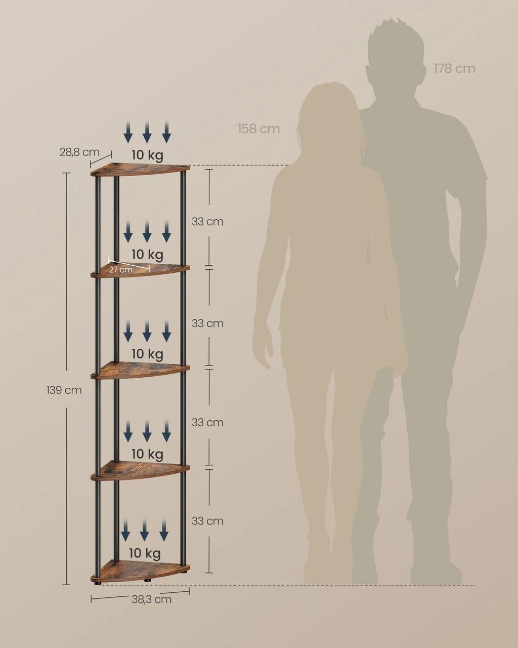 Étagère d'angle à 5 niveaux en marron rustique – Rangement mural sans outils pour salle de bain