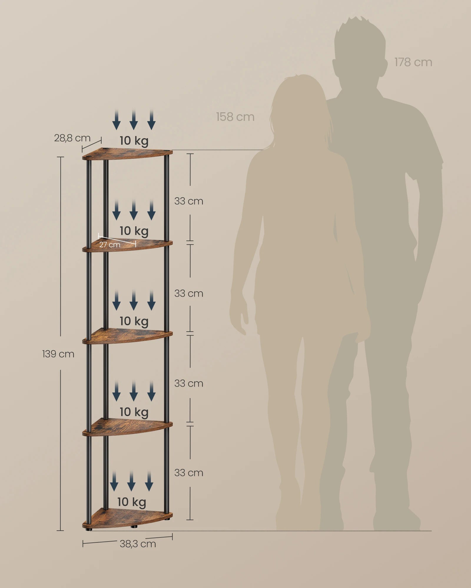Étagère d'angle à 5 niveaux en marron rustique – Rangement mural sans outils pour salle de bain