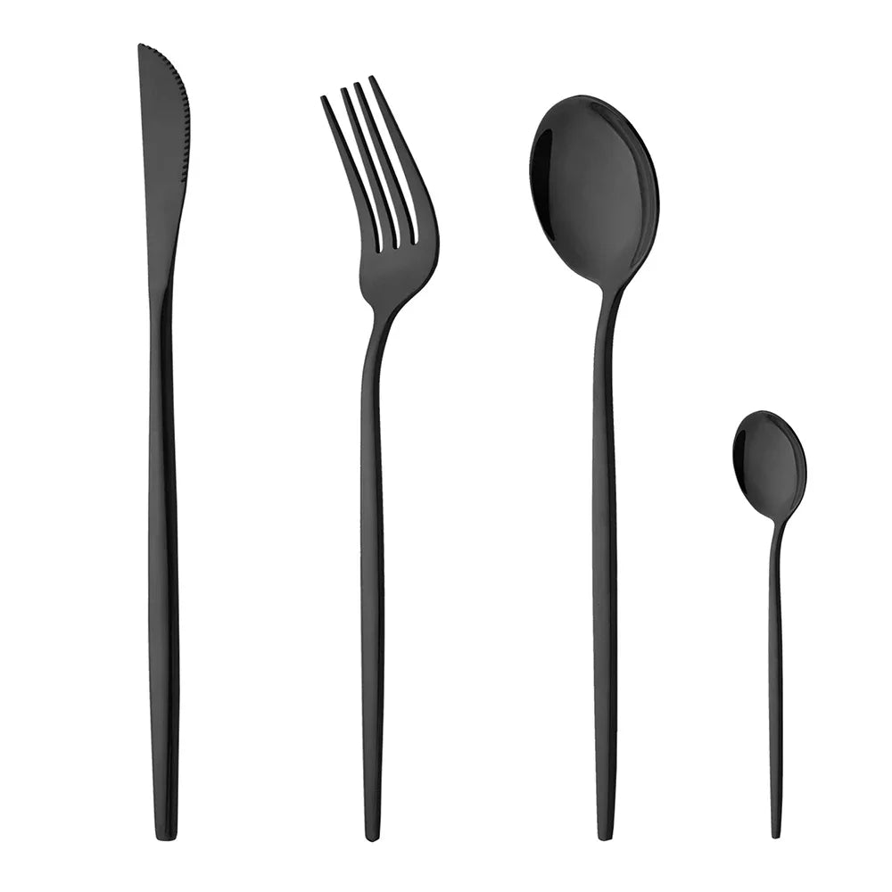 4/6/12/16/24Pcs Tableware Dinnerware Set Black Cutlery Set Stainless Steel Fork Knife Teaspoon Dinner Kitchen Flatware Set