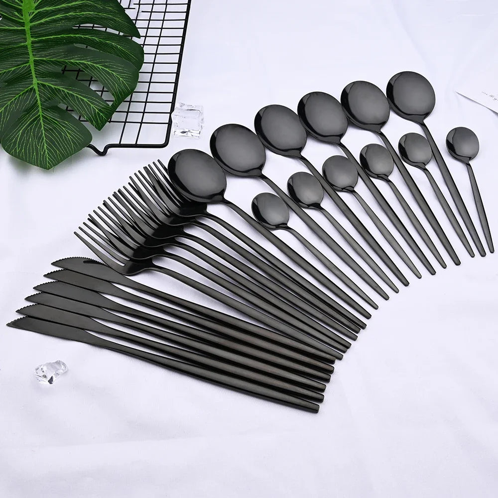 4/6/12/16/24Pcs Tableware Dinnerware Set Black Cutlery Set Stainless Steel Fork Knife Teaspoon Dinner Kitchen Flatware Set