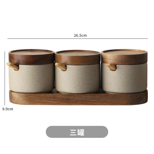 Lot de 2 pots à épices en céramique avec couvercles en bois et plateau – Rangement élégant pour cuisine