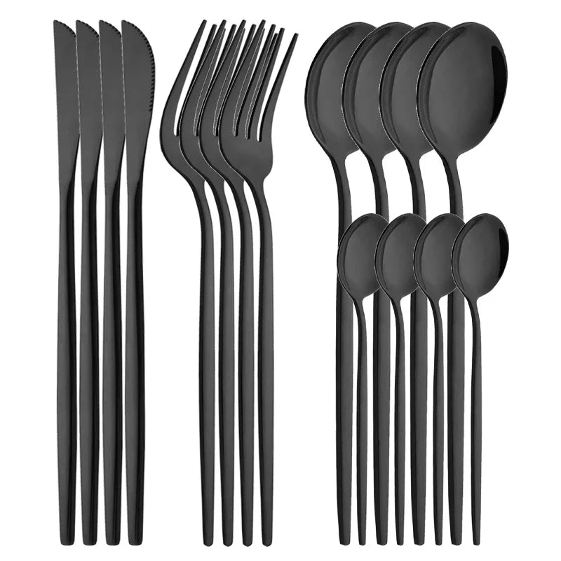 4/6/12/16/24Pcs Tableware Dinnerware Set Black Cutlery Set Stainless Steel Fork Knife Teaspoon Dinner Kitchen Flatware Set