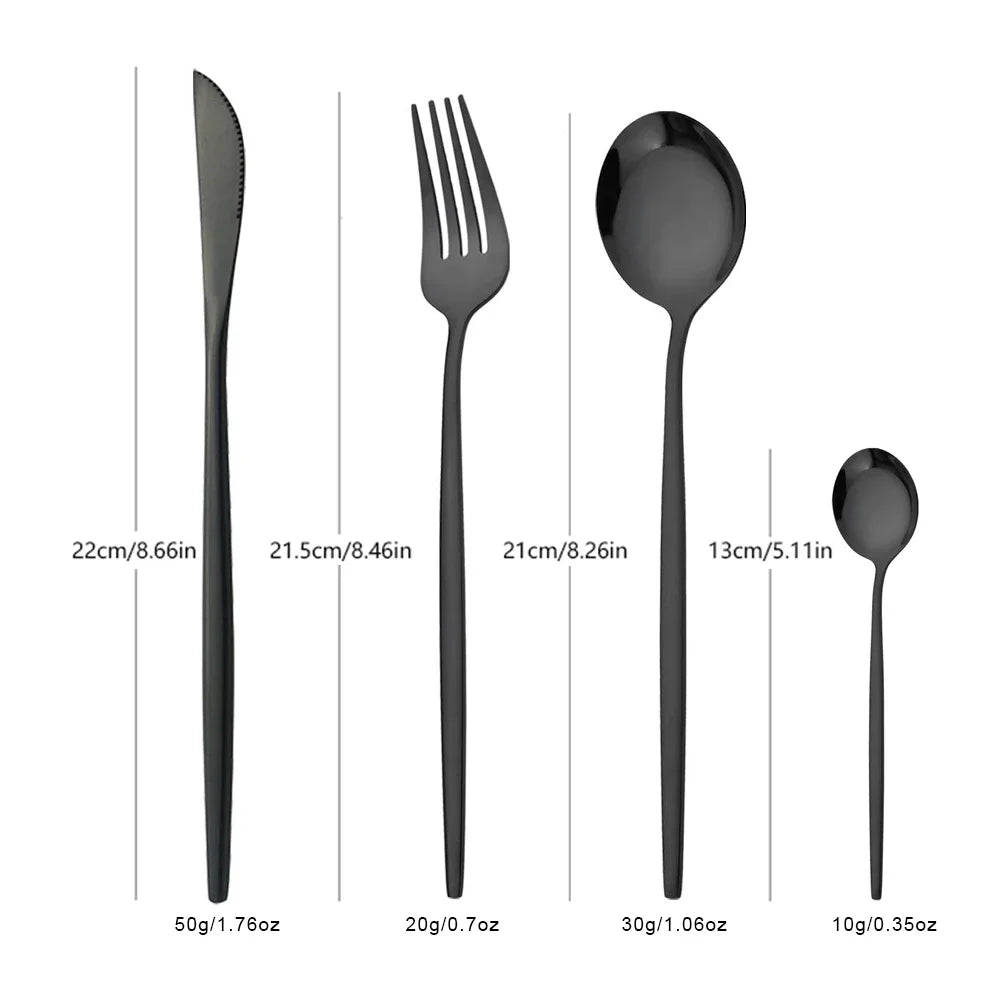 4/6/12/16/24Pcs Tableware Dinnerware Set Black Cutlery Set Stainless Steel Fork Knife Teaspoon Dinner Kitchen Flatware Set