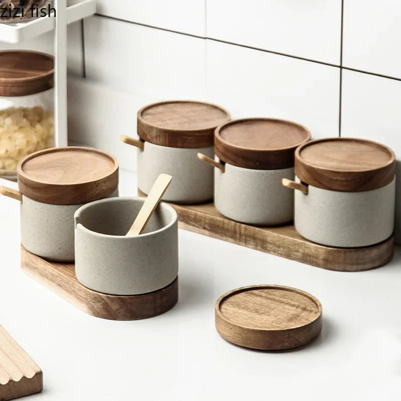 Lot de 2 pots à épices en céramique avec couvercles en bois et plateau – Rangement élégant pour cuisine
