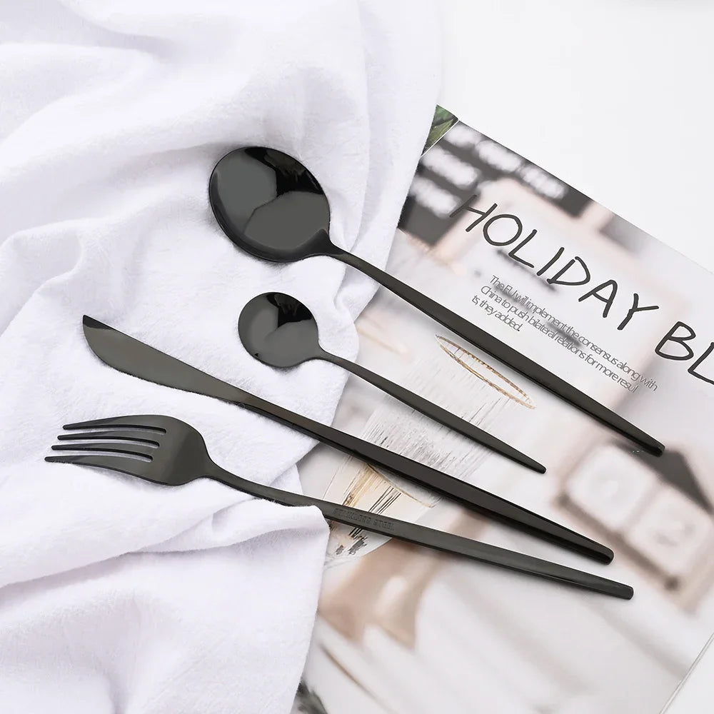 4/6/12/16/24Pcs Tableware Dinnerware Set Black Cutlery Set Stainless Steel Fork Knife Teaspoon Dinner Kitchen Flatware Set