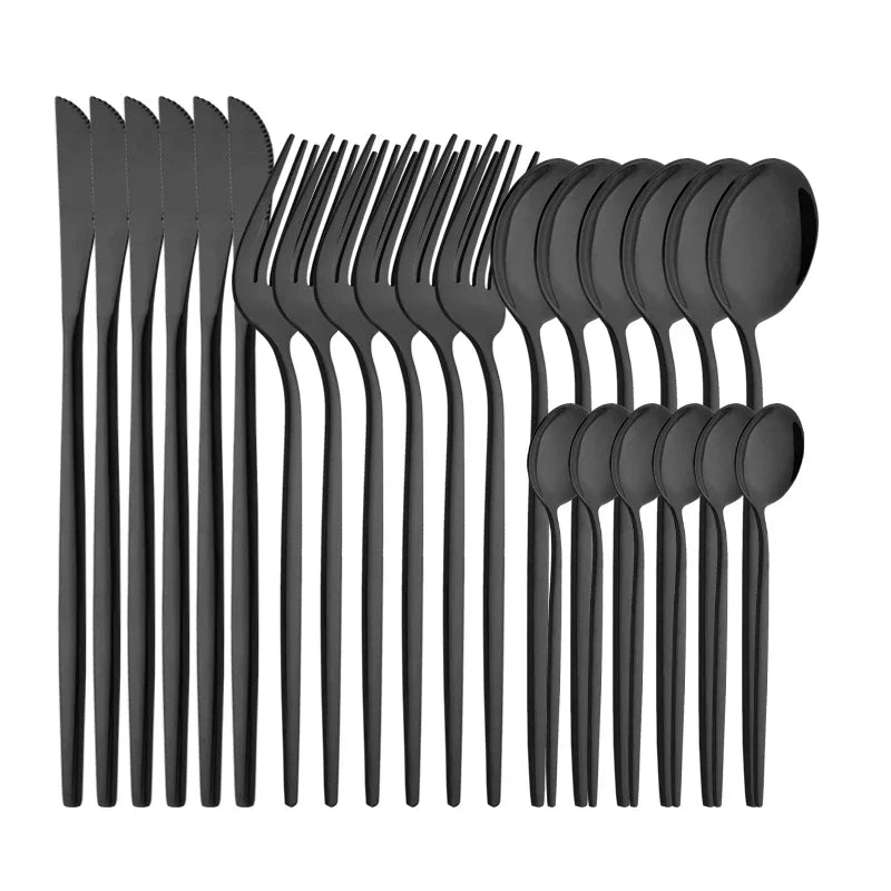 4/6/12/16/24Pcs Tableware Dinnerware Set Black Cutlery Set Stainless Steel Fork Knife Teaspoon Dinner Kitchen Flatware Set