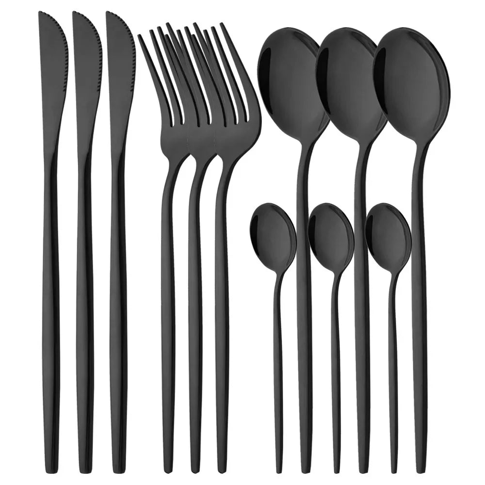 4/6/12/16/24Pcs Tableware Dinnerware Set Black Cutlery Set Stainless Steel Fork Knife Teaspoon Dinner Kitchen Flatware Set