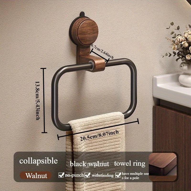 Porte-serviette en bois de noyer avec fixation par ventouse – Installation sans perçage pour salle de bain moderne