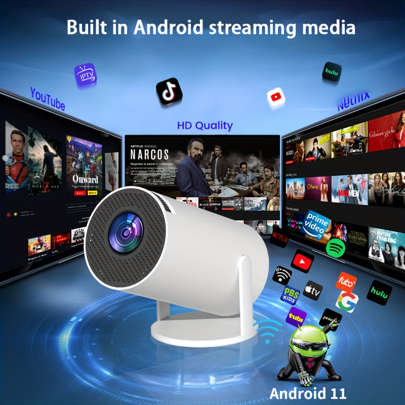 Projecteur LED Portable Android 11 – 720p natif, WiFi 6, BT 5.0, angle 180°, haut‑parleurs intégrés